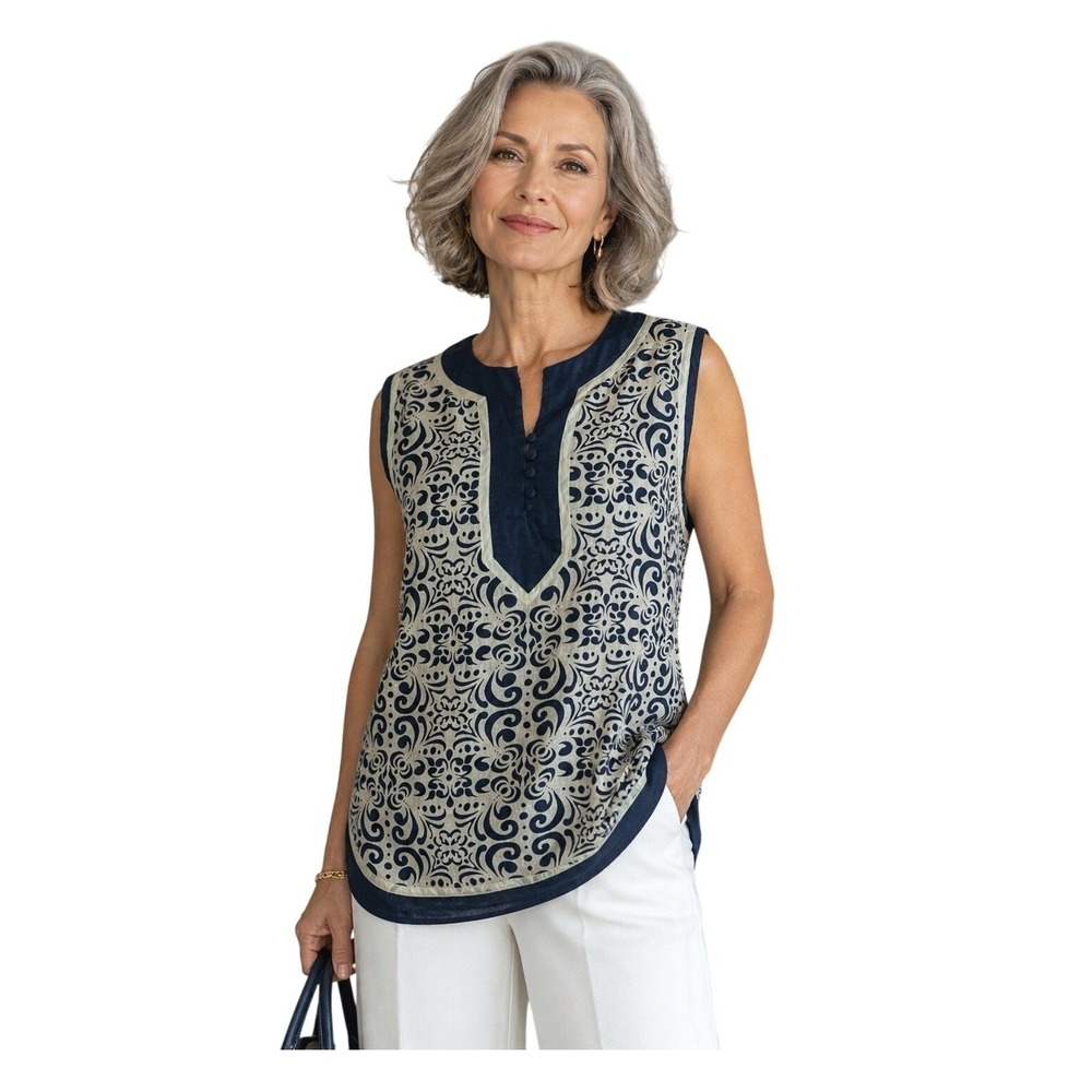 Saint Tropez 100% Linen Blue White Tunic Top Sleeveless Size 1X Coastal Summer